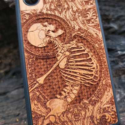 Wooden phone case with Stumble gothic pattern, intricately carved for iPhone , Galaxy S23 Ultra, and more. Perfect for gothic art enthusiasts, offering a unique, durable, and stylish design.
