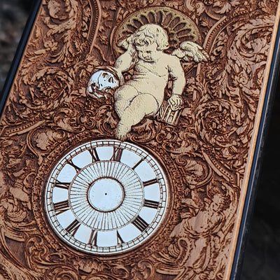 Gothic human skeleton artwork engraved on a wooden phone case, compatible with iPhone  and Samsung Galaxy S.