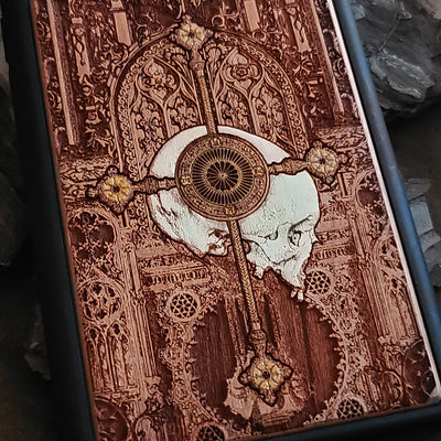 Gothic human skeleton warrior engraved on a wooden phone case, compatible with iPhone and Samsung Galaxy