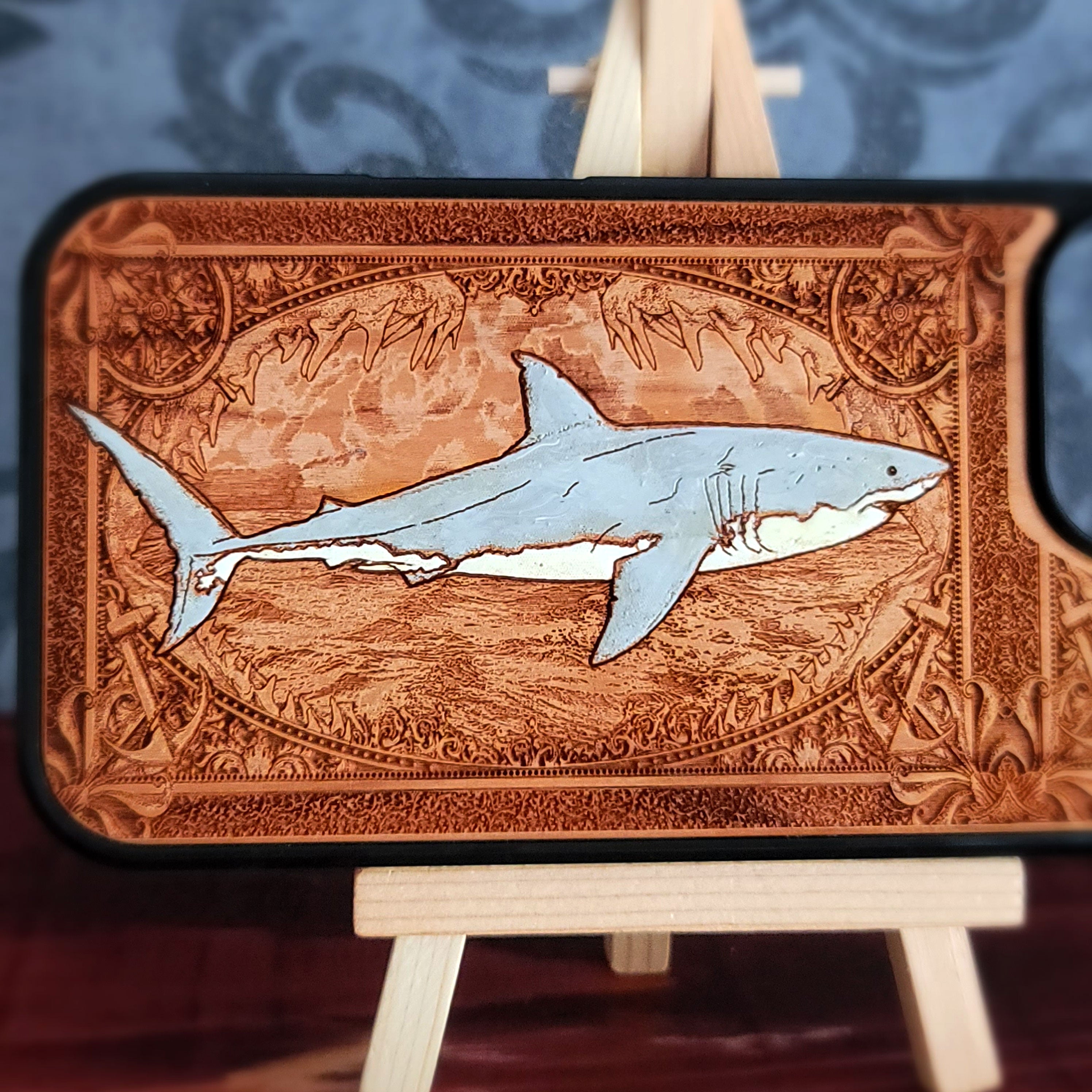 hand-painted cherry wood the great white shark phone case for iPhone & Galaxy