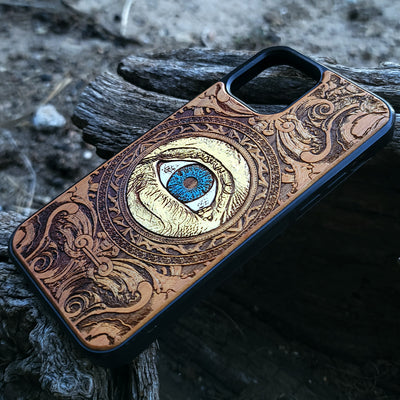 Gothic human skull artwork engraved on a wooden phone case, compatible with iPhone  and Samsung Galaxy S.