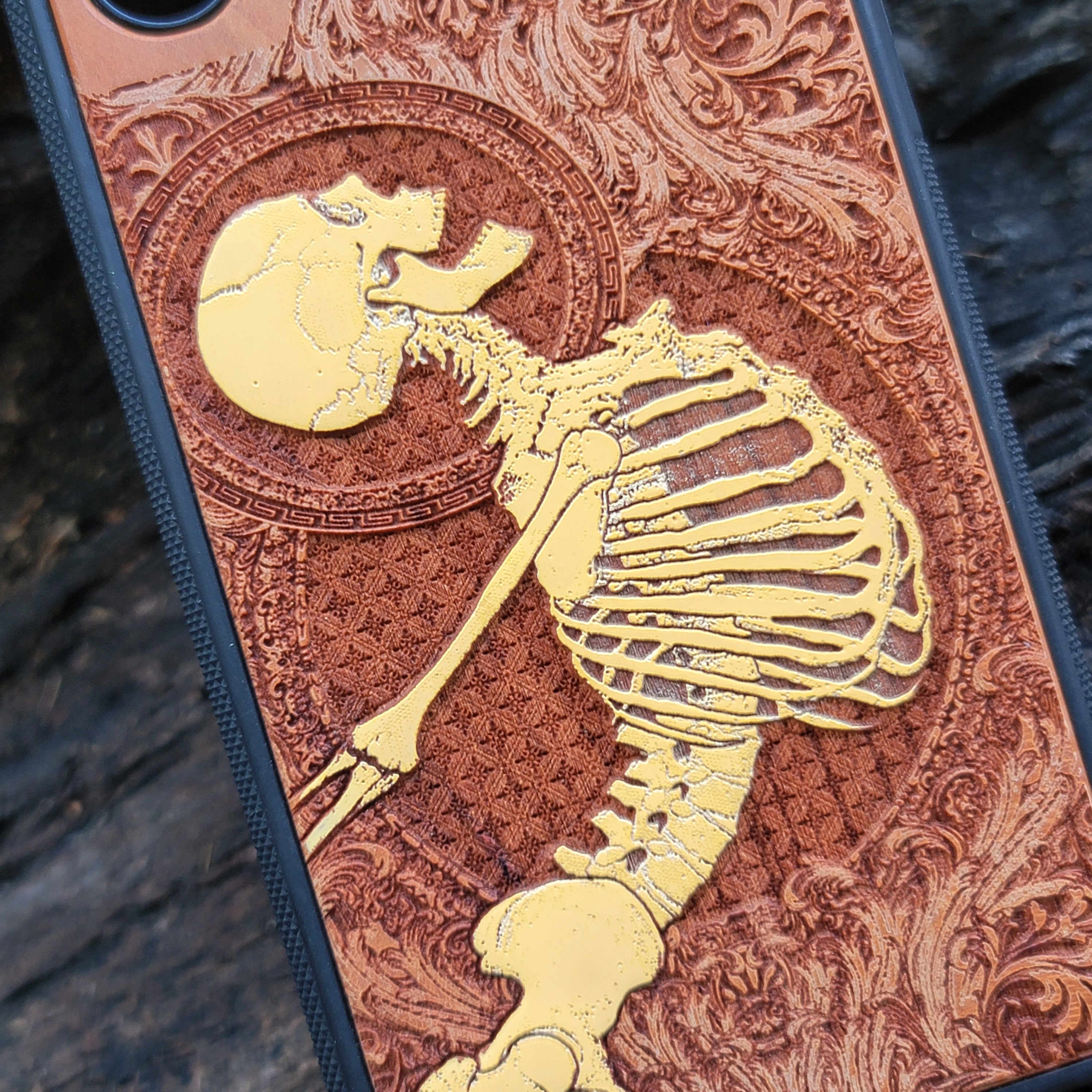 iPhone & Samsung Galaxy Wood Phone Case - Yellow Human Skeleton Stumble Gothic Pattern Hand Painted