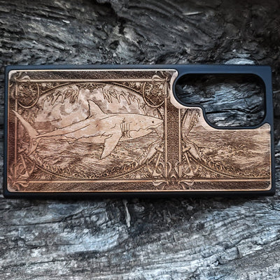 Wooden phone case featuring a detailed Great White Shark skeleton design, handcrafted for iPhone , iPhone 15, Galaxy S, S24, and more. Ideal for shark fans and lovers of gothic and dark fantasy designs.