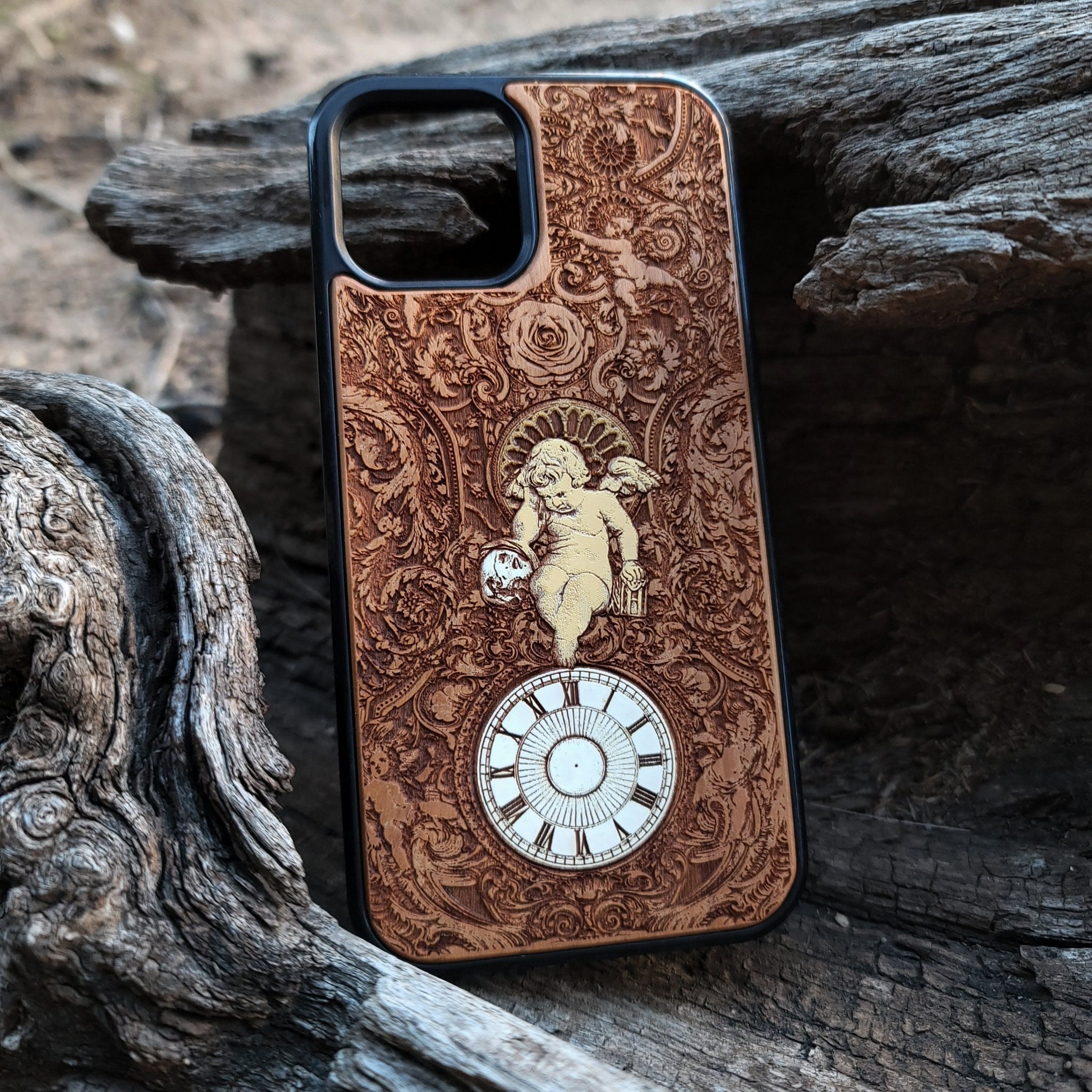 Gothic human skeleton artwork engraved on a wooden phone case, compatible with iPhone  and Samsung Galaxy S.