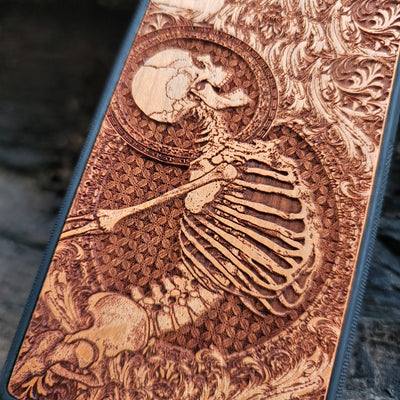 Wooden phone case with Stumble gothic pattern, intricately carved for iPhone , Galaxy S23 Ultra, and more. Perfect for gothic art enthusiasts, offering a unique, durable, and stylish design.