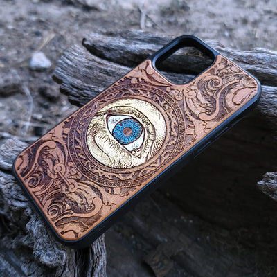 Gothic human skull artwork engraved on a wooden phone case, compatible with iPhone  and Samsung Galaxy S.