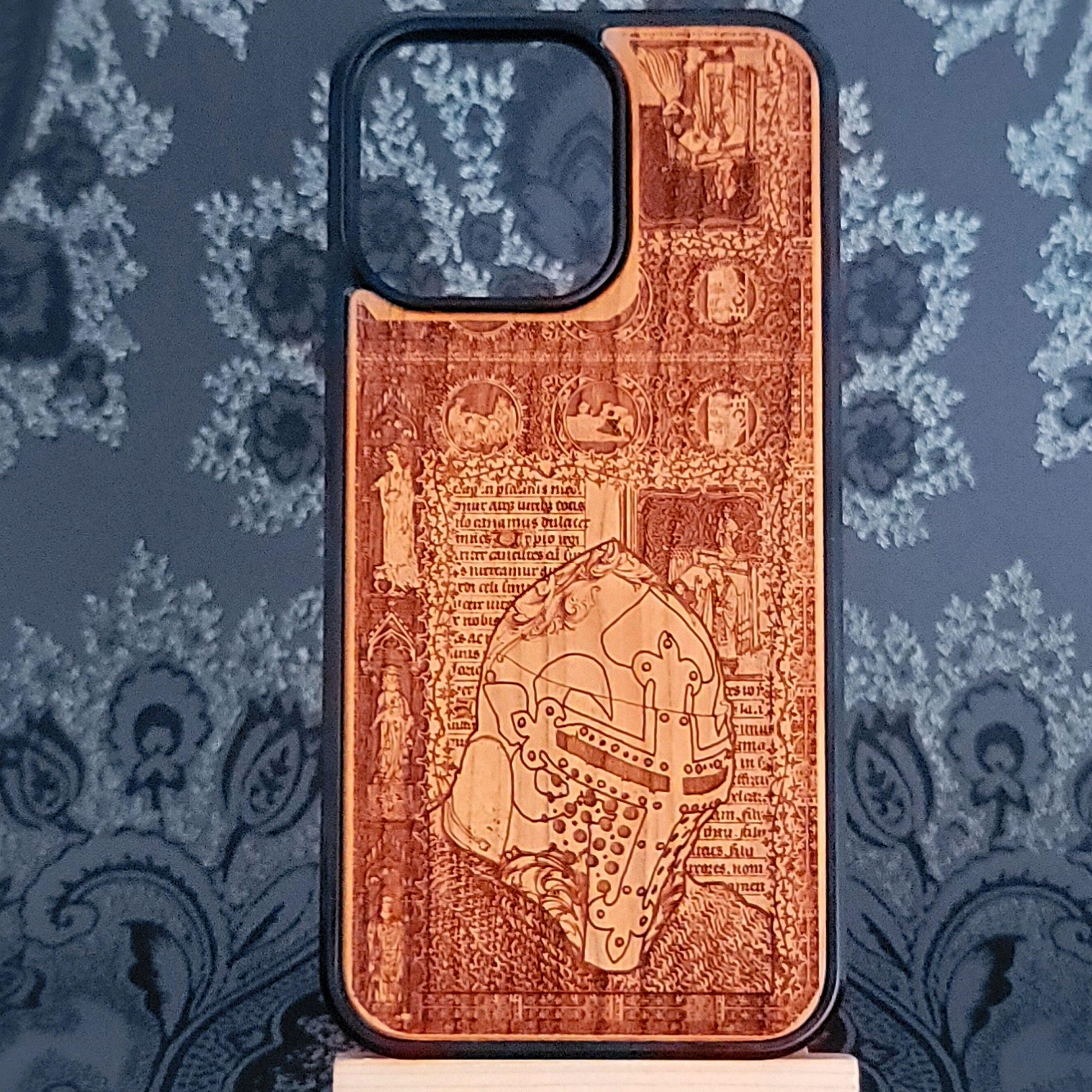 Laser-engraved medieval knight soldier wood phone case for iPhone 16, Galaxy S25, and more – medieval armor design.