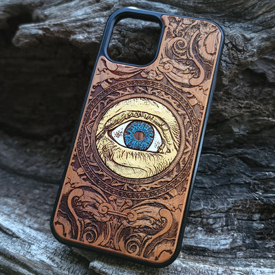 Gothic human skull artwork engraved on a wooden phone case, compatible with iPhone  and Samsung Galaxy S.