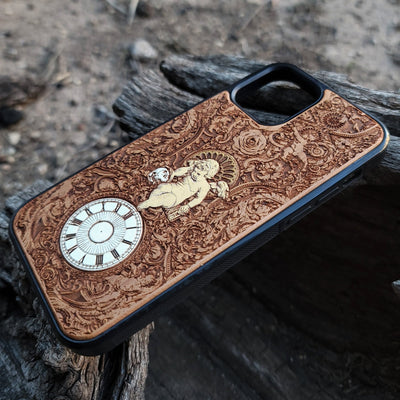 Gothic human skeleton artwork engraved on a wooden phone case, compatible with iPhone  and Samsung Galaxy S.