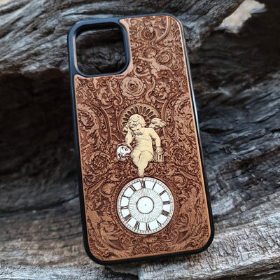 Gothic human skeleton artwork engraved on a wooden phone case, compatible with iPhone  and Samsung Galaxy S.