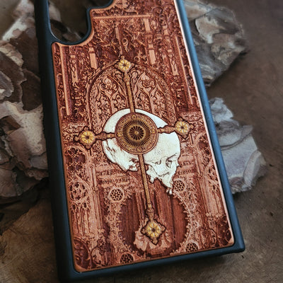 Gothic human skeleton warrior engraved on a wooden phone case, compatible with iPhone and Samsung Galaxy