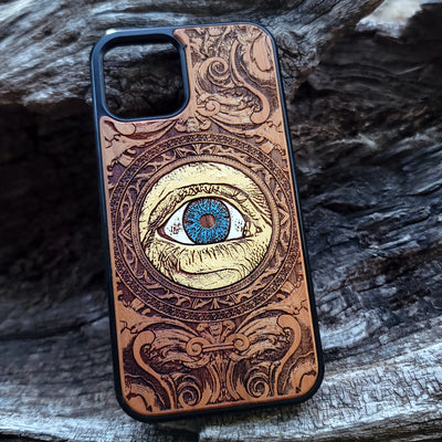 Gothic human skull artwork engraved on a wooden phone case, compatible with iPhone  and Samsung Galaxy S.