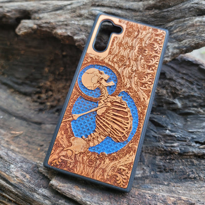 iPhone & Samsung Galaxy Wood Phone Case - Human Skeleton Blue Stumble Gothic Pattern Hand Painted