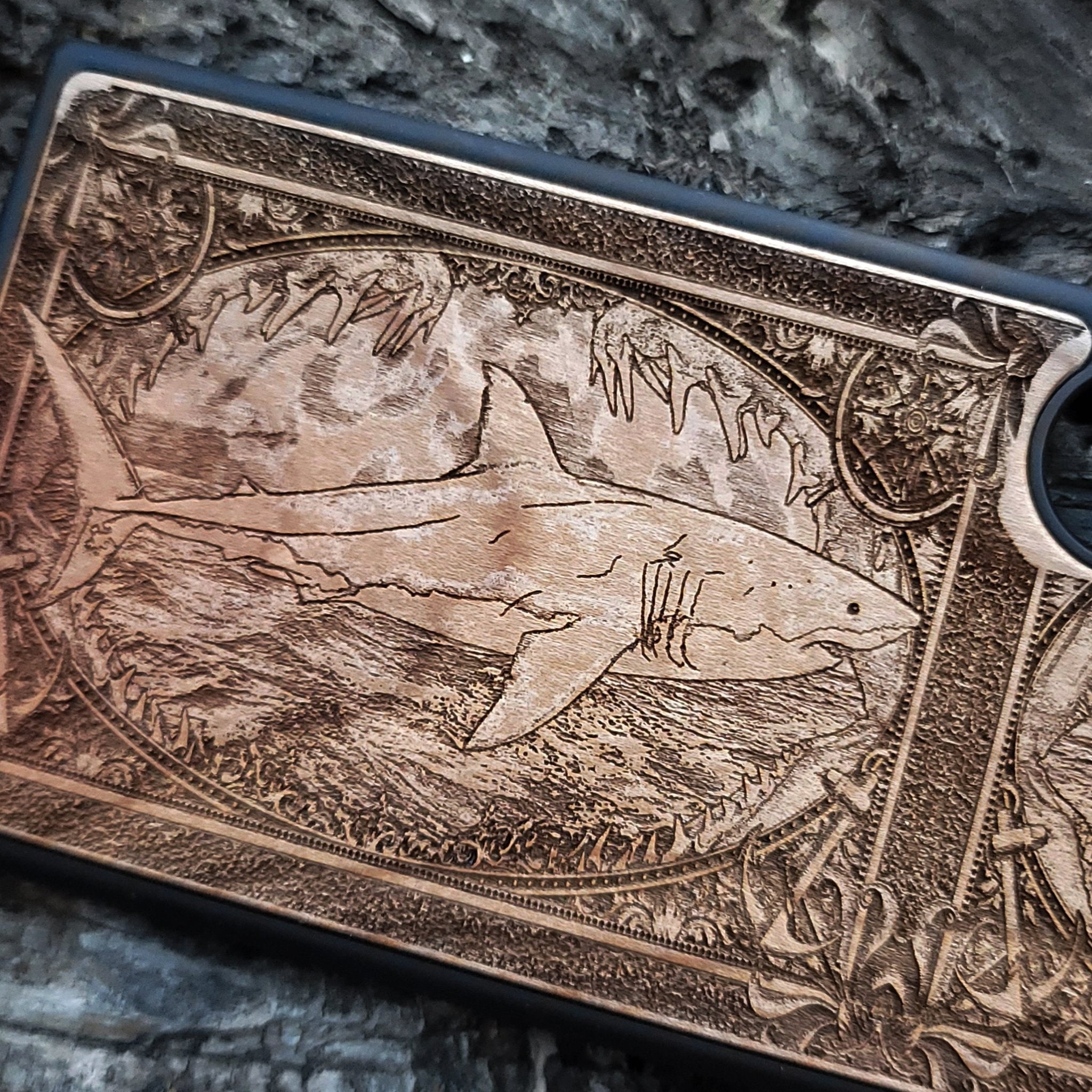 Wooden phone case featuring a detailed Great White Shark skeleton design, handcrafted for iPhone , iPhone 15, Galaxy S, S24, and more. Ideal for shark fans and lovers of gothic and dark fantasy designs.