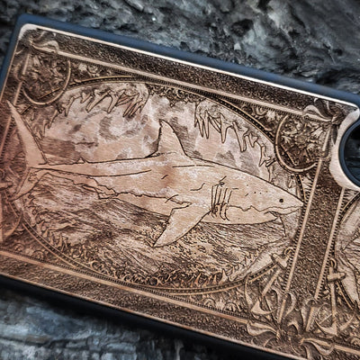 Wooden phone case featuring a detailed Great White Shark skeleton design, handcrafted for iPhone , iPhone 15, Galaxy S, S24, and more. Ideal for shark fans and lovers of gothic and dark fantasy designs.