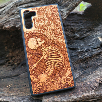 Wooden phone case with Stumble gothic pattern, intricately carved for iPhone , Galaxy S23 Ultra, and more. Perfect for gothic art enthusiasts, offering a unique, durable, and stylish design.