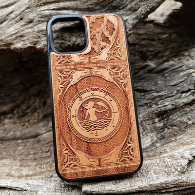 Intricate gothic skeleton artwork engraved on a wooden phone case, compatible with iPhone  and Samsung Galaxy S.