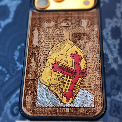Deep laser engraved wooden phone case featuring a medieval knight in armor on natural wood for iPhone and Samsung Galaxy models.