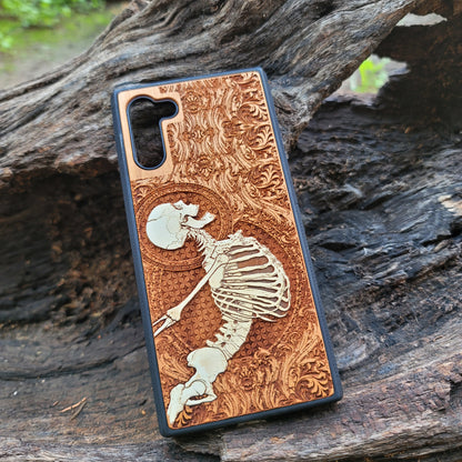 iPhone & Samsung Galaxy Wood Phone Case - White Human Skeleton Stumble Gothic Pattern Hand Painted