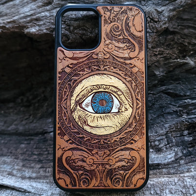 Gothic human skull artwork engraved on a wooden phone case, compatible with iPhone  and Samsung Galaxy S.