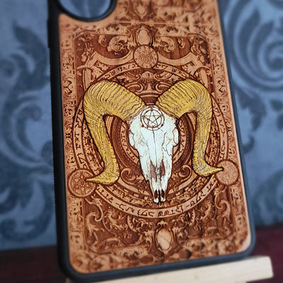 Baphomet Wooden Phone Case – Gothic Hand Painted