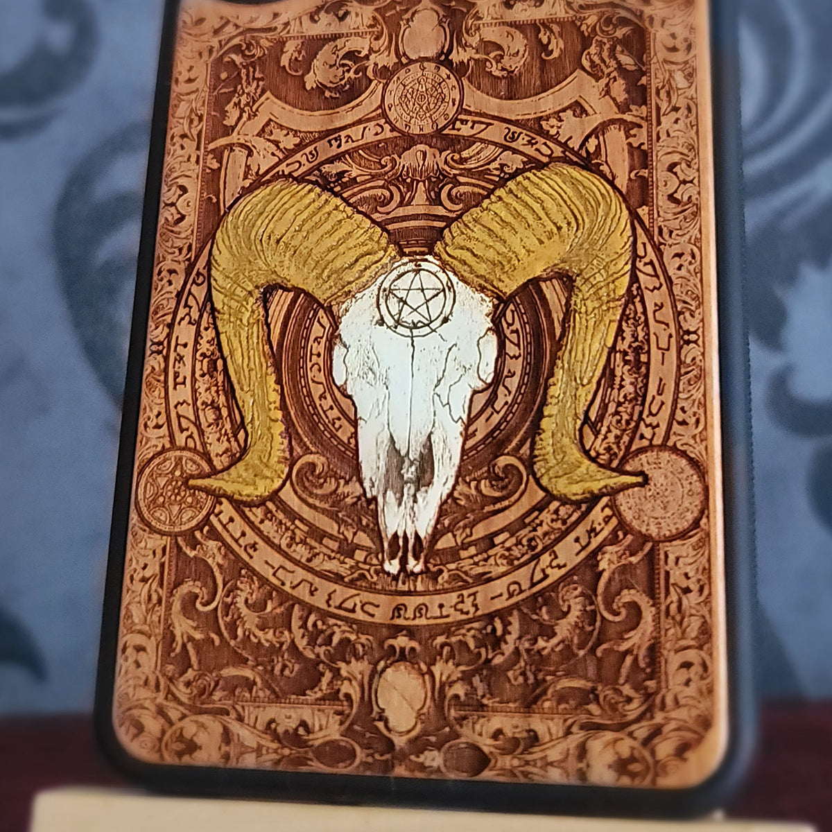 Laser engraved Baphomet wood phone case with gothic goat skull artwork
