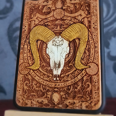 Laser engraved Baphomet wood phone case with gothic goat skull artwork