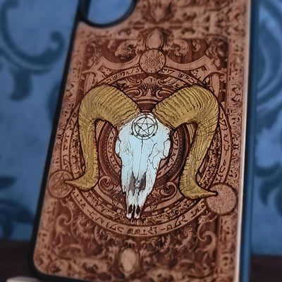 Baphomet wooden phone case with horned goat design and dark gothic artwork