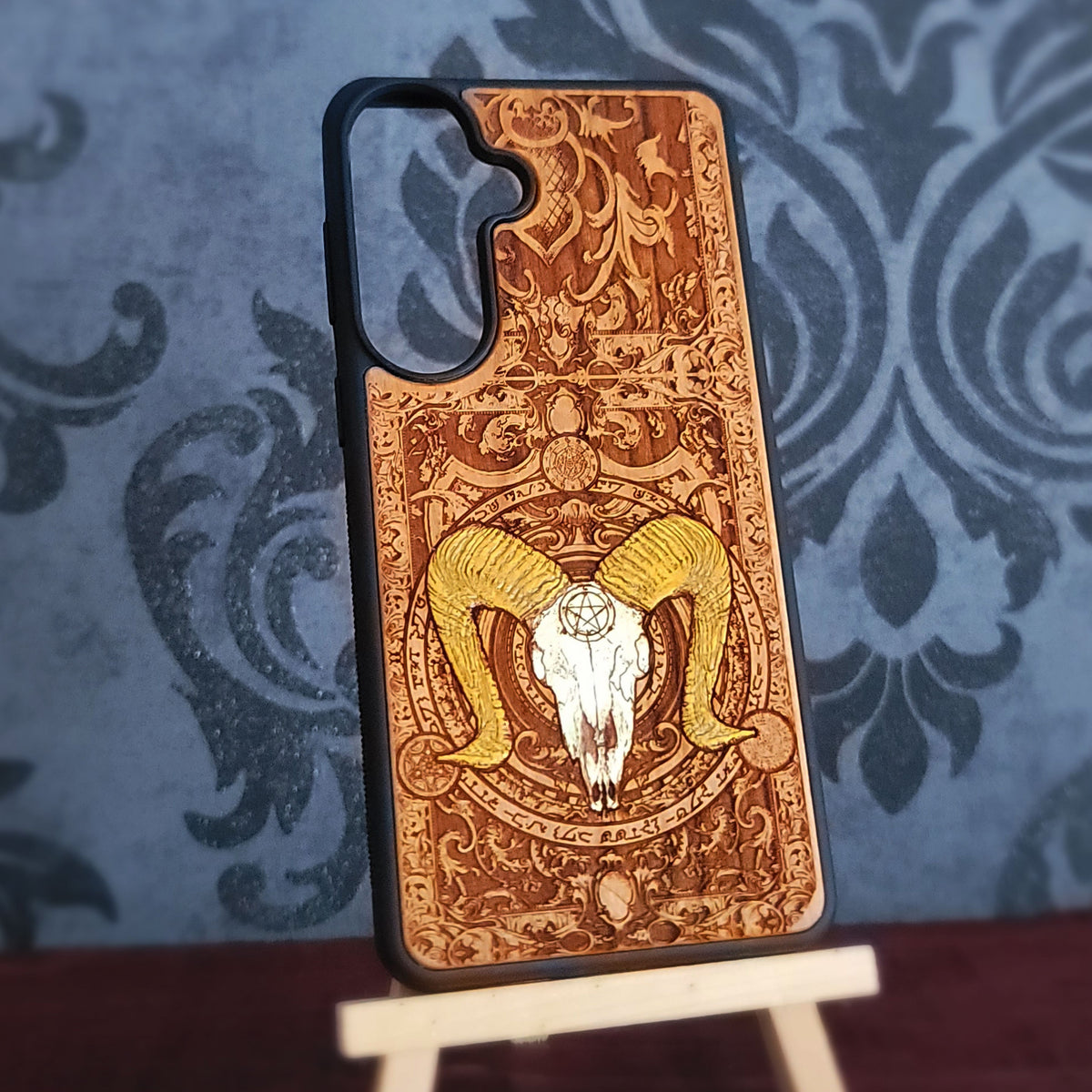 Engraved wood phone case with Baphomet symbol and black protective bumper