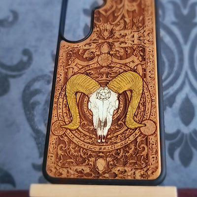 Cherrywood phone case with occult goat artwork and black TPU protective frame