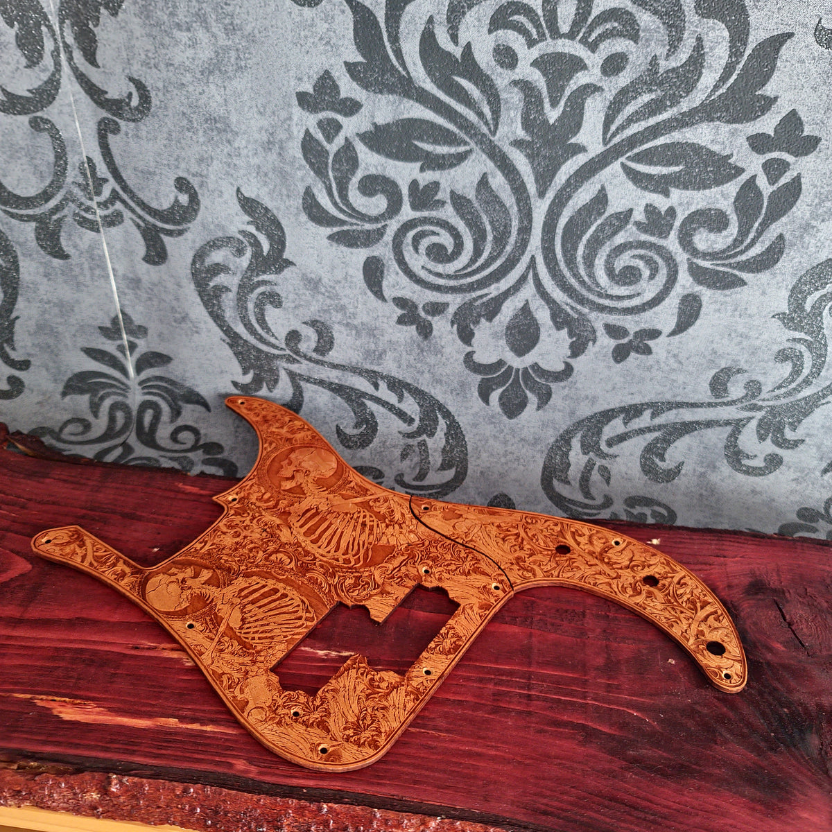 Laser engraved P Bass style replacement pickguard with gothic skeleton artwork