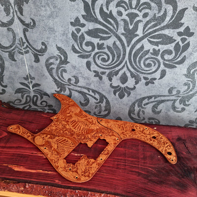 Laser engraved P Bass style replacement pickguard with gothic skeleton artwork