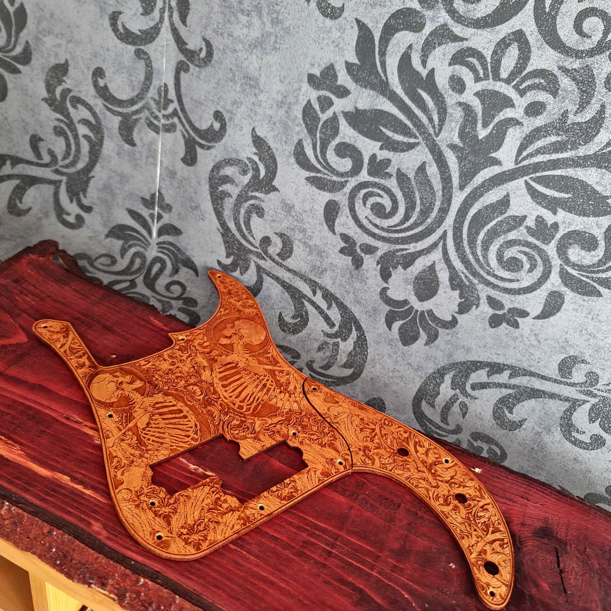 Pre drilled Precision Bass style pickguard made from natural engraved cherry wood