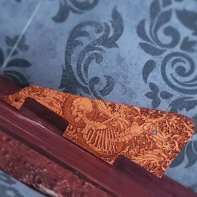 Wooden Les Paul pickguard with detailed anatomical skeleton laser engraving
