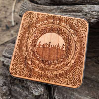 Wooden wireless charger featuring Lord of the Rings iconography.