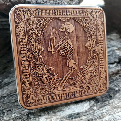 Wooden wireless charger featuring gothic Pray symbol design.