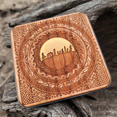 Overhead view of elven runes and Fellowship scene on charger.