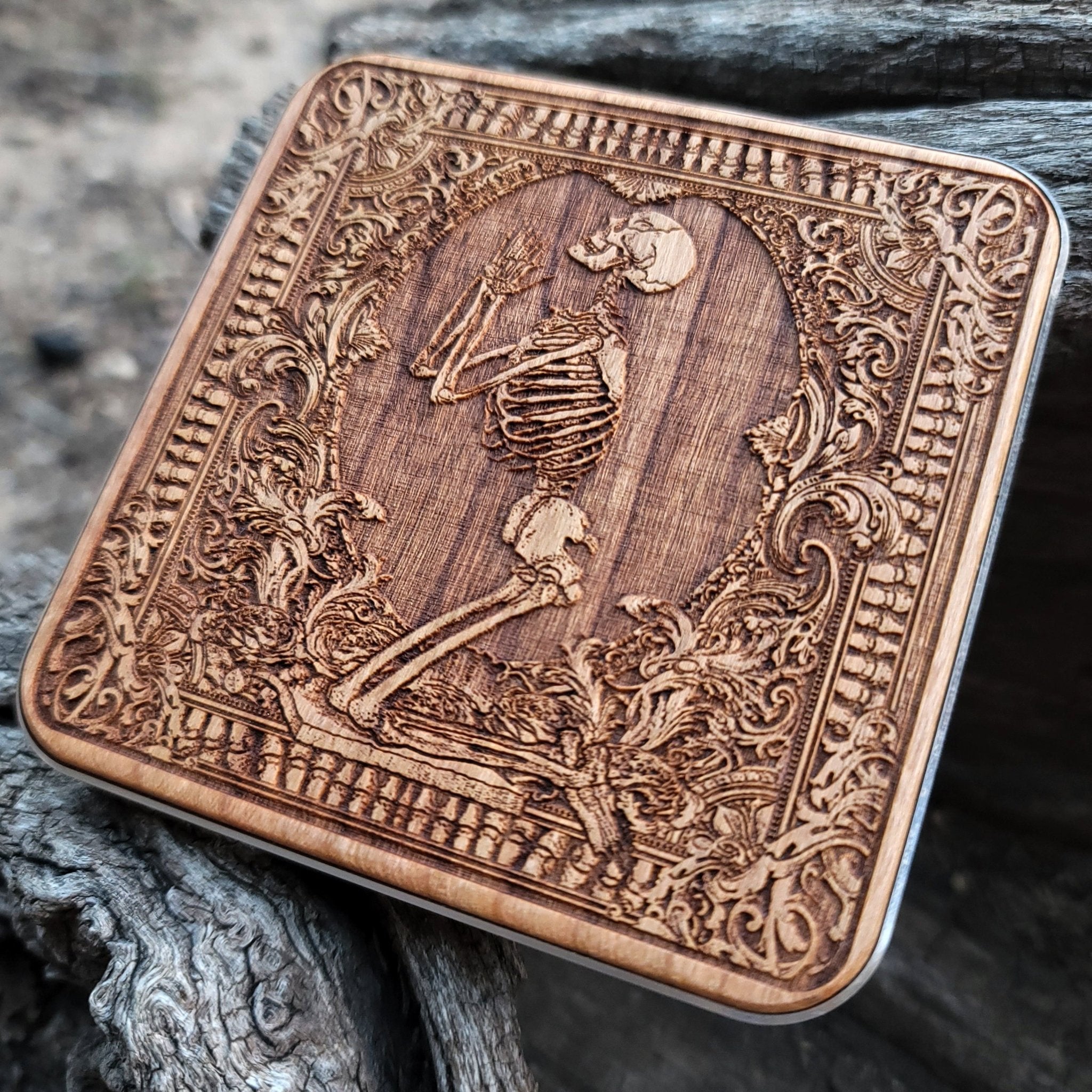 Dark fantasy charger with unique Pray scene in wood.
