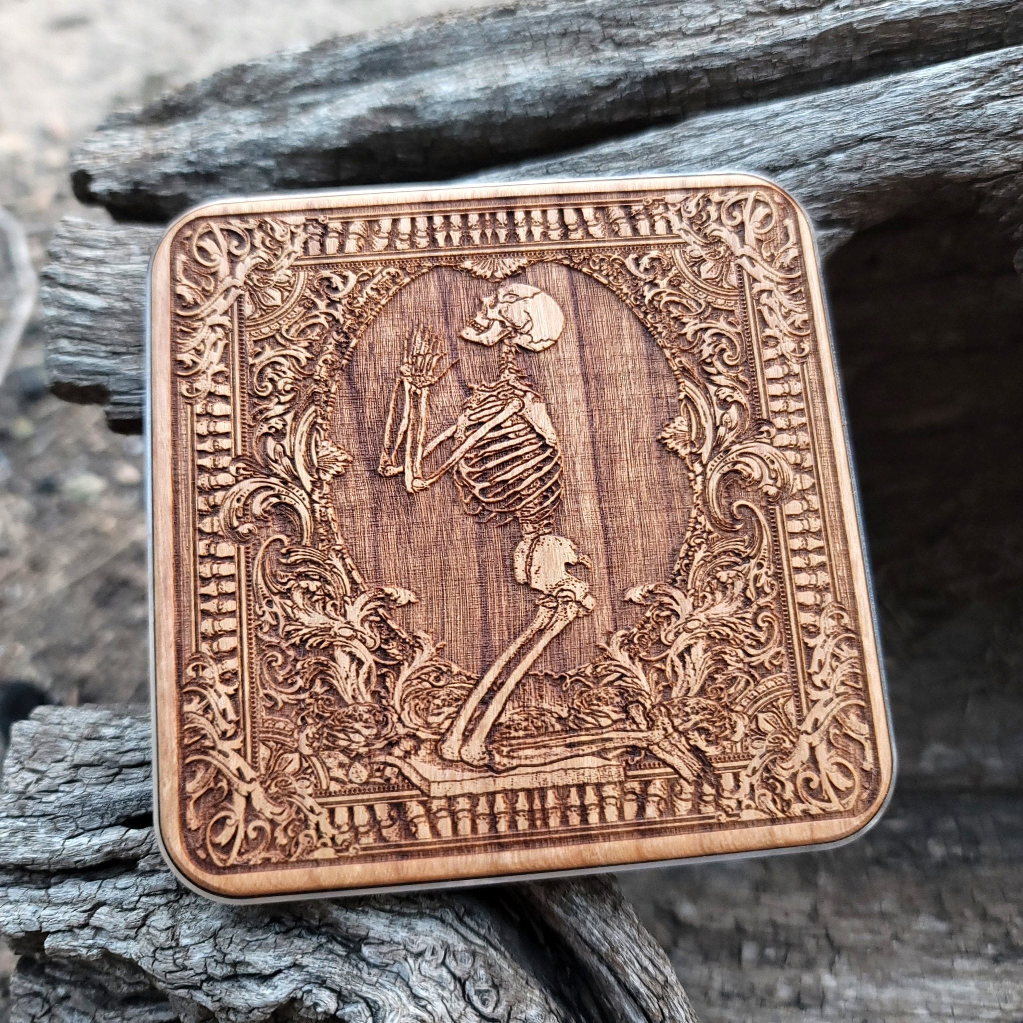 Ambient workspace with Pray artwork wooden wireless charger.