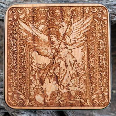 St. Michael the Archangel wireless charger with engraved gothic artwork for iPhone & Galaxy.