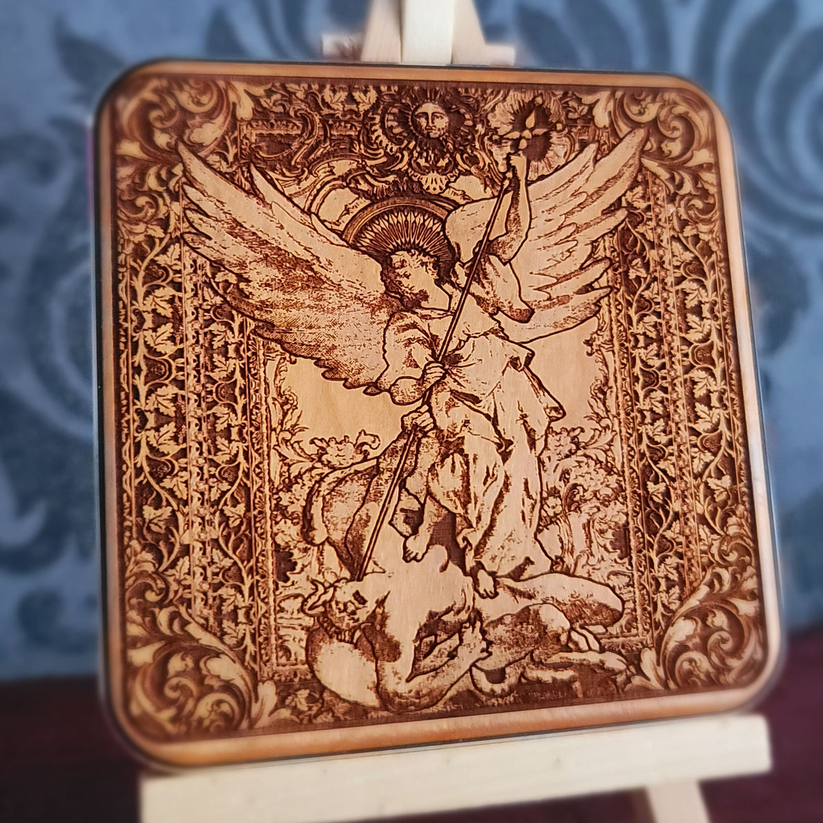 wood wireless charger laser engraved saint michael the archangel