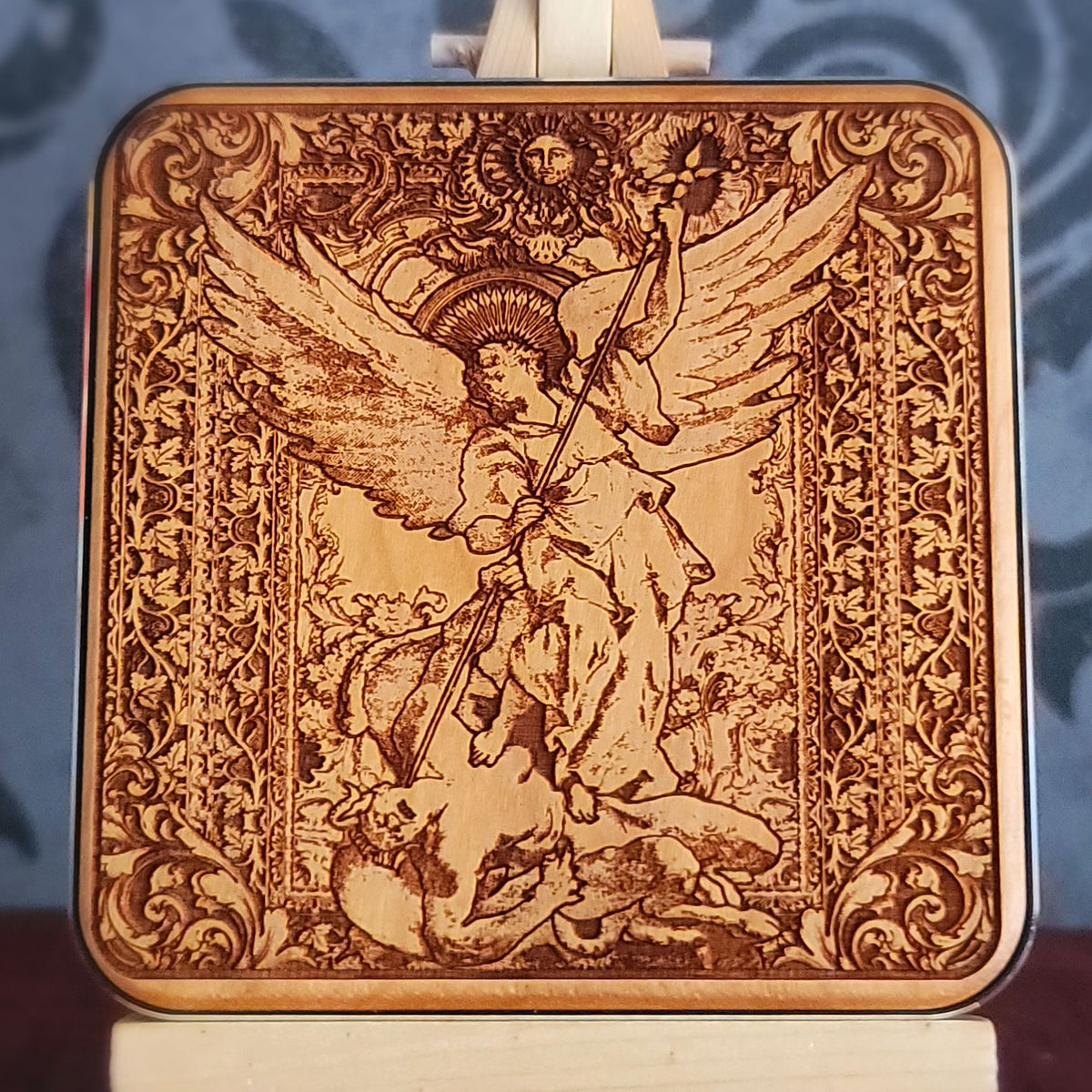 wood wireless charger laser engraved saint michael