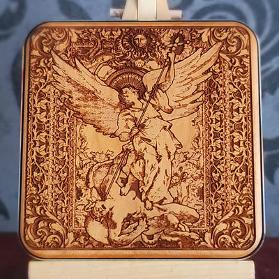 wood wireless charger laser engraved saint michael