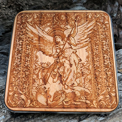 Handcrafted St. Michael wireless charger, perfect religious gift for tech lovers.