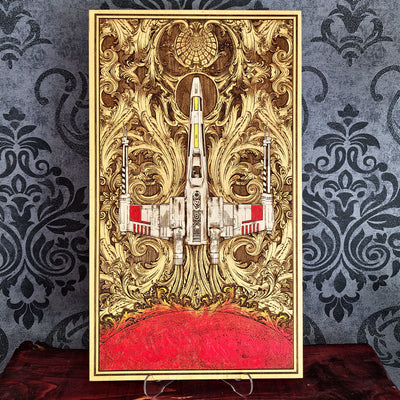 Handcrafted wooden space battle ship wall art, laser engraved and hand-painted on solid maple wood. A unique 5-year wood anniversary gift, perfect for sci-fi fans, movie lovers, and geeky collectors.