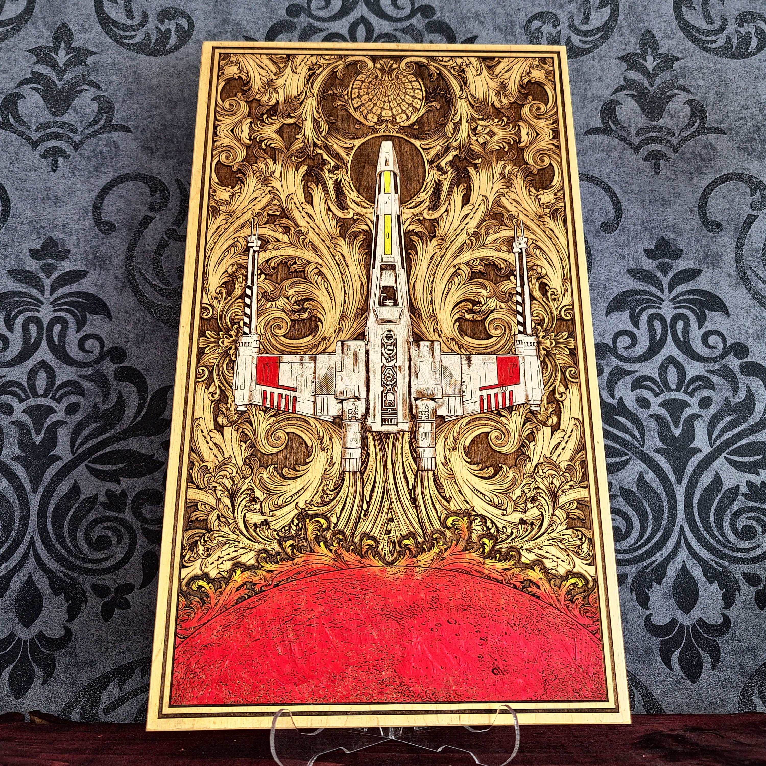 Handcrafted wooden space battle ship wall art, laser engraved and hand-painted on solid maple wood. A unique 5-year wood anniversary gift, perfect for sci-fi fans, movie lovers, and geeky collectors.