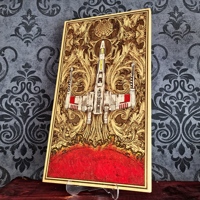 Handcrafted wooden space battle ship wall art, laser engraved and hand-painted on solid maple wood. A unique 5-year wood anniversary gift, perfect for sci-fi fans, movie lovers, and geeky collectors.
