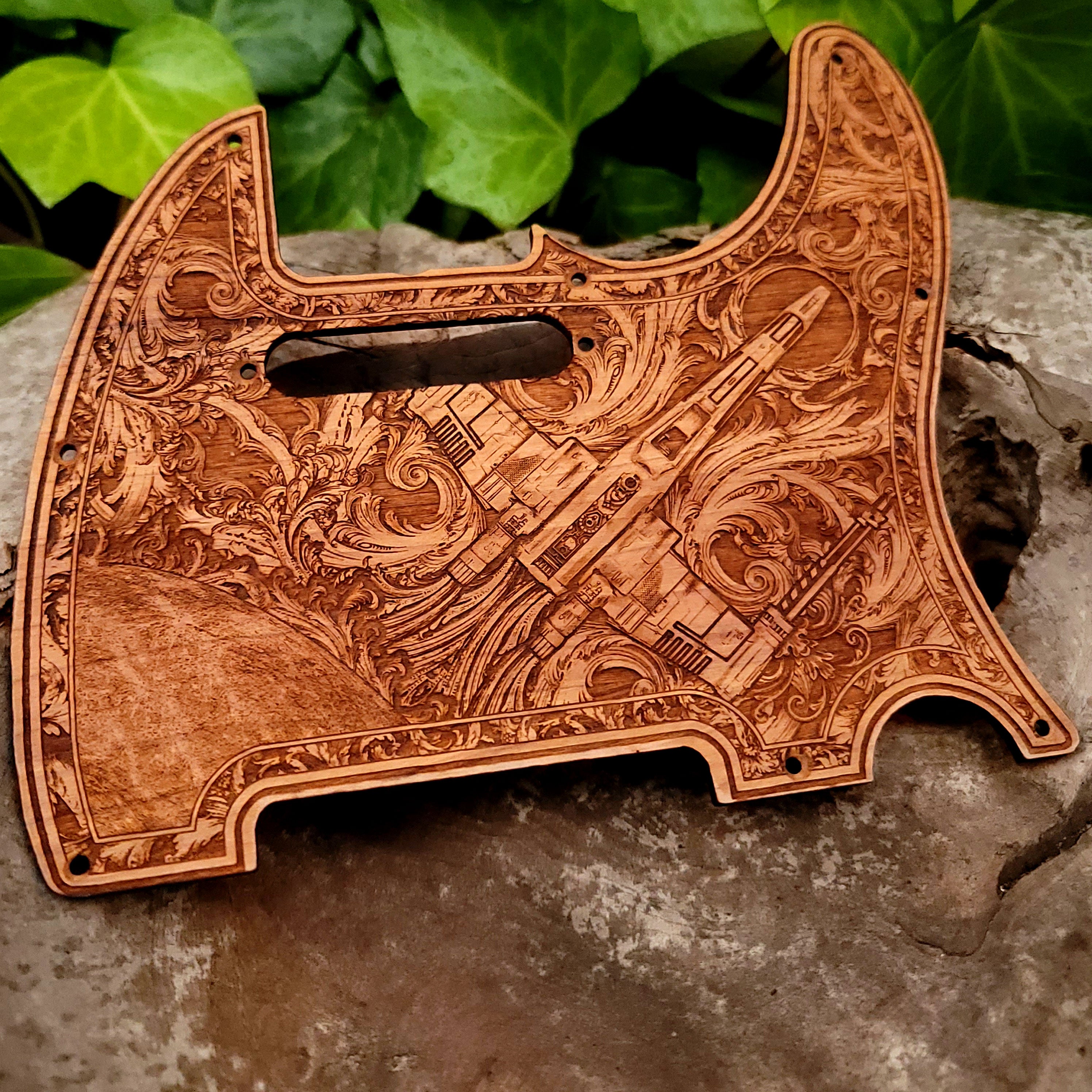 Wooden telecaster guitar pickguard with laser engraved x-wing design 