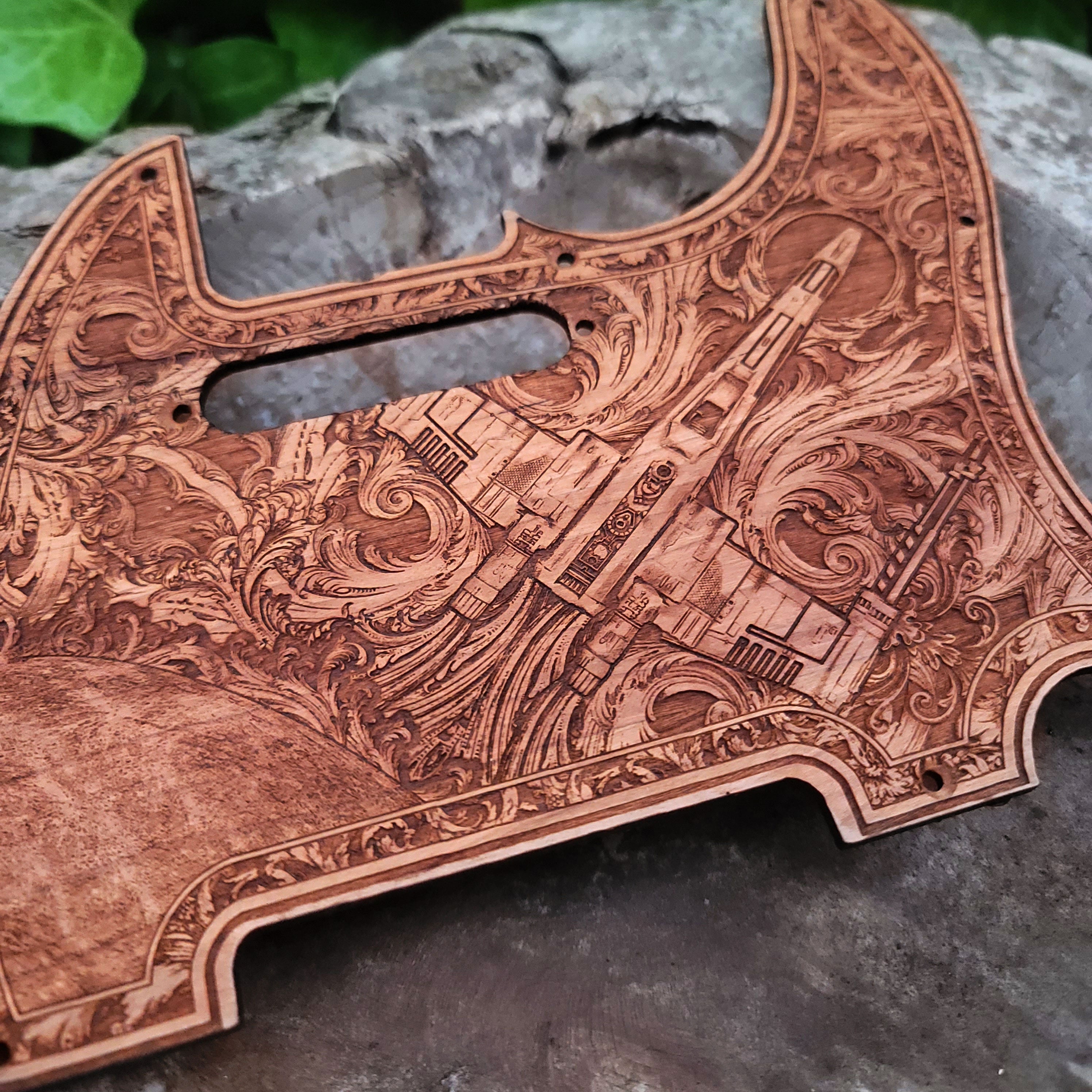 Wooden telecaster guitar pickguard with laser engraved x-wing design 