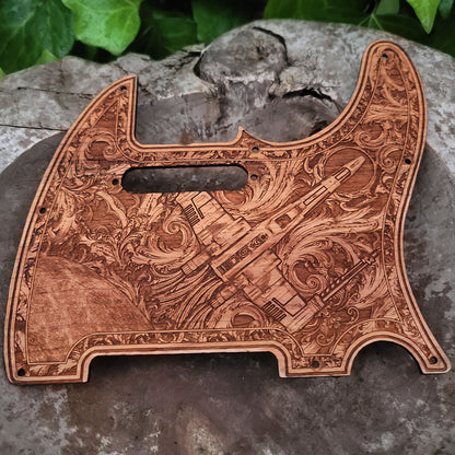 Wooden telecaster guitar pickguard with laser engraved x-wing design 
